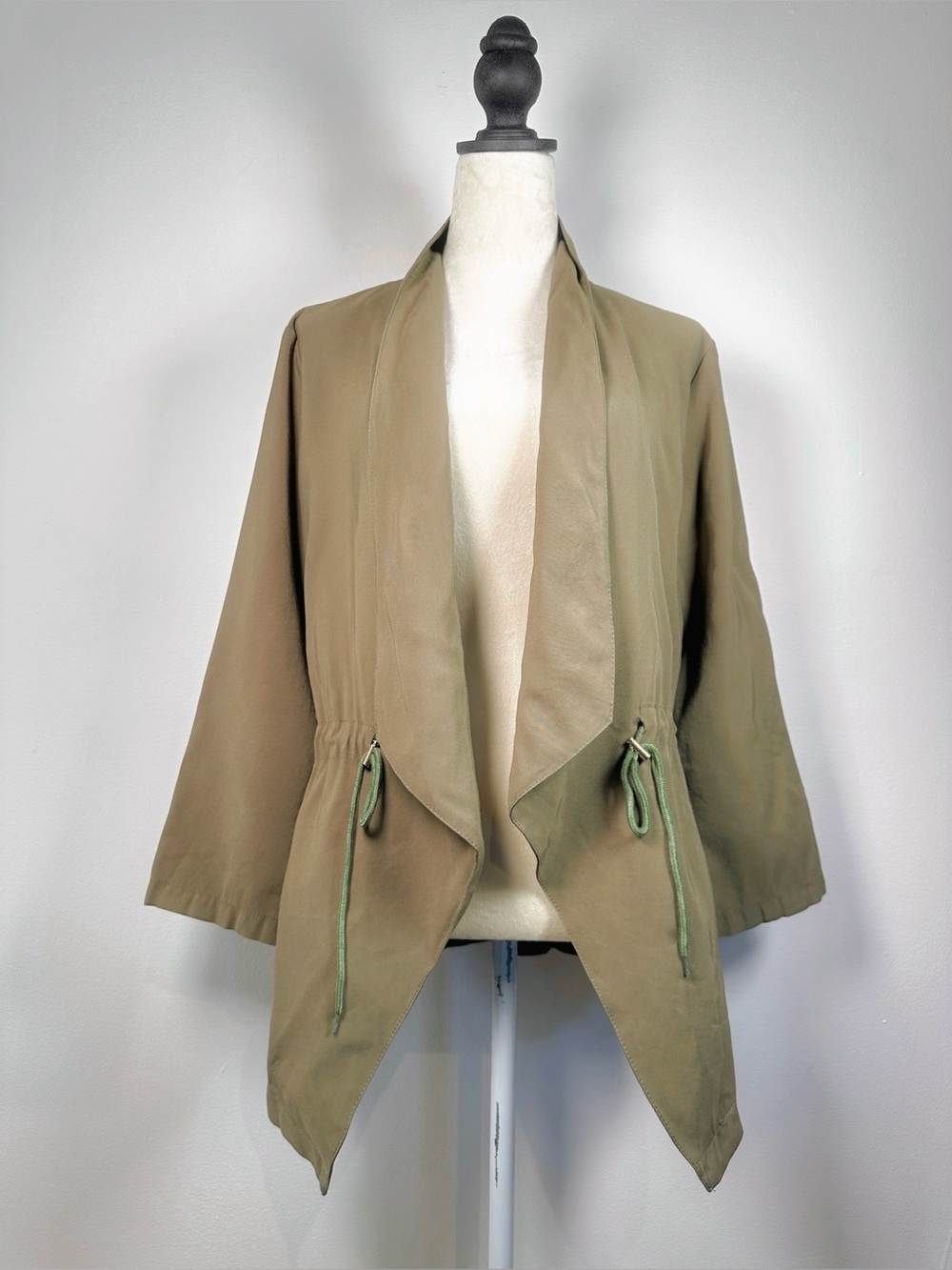 Cotton Olive Draped Open Front Jacket Drawstring Waist Lightweight Cardigan